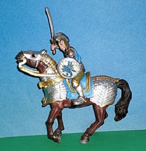 Turnierritter mit Flagge weiss mit blauem Drachen